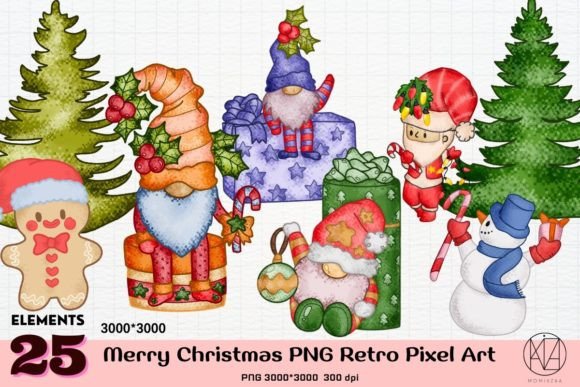 25Merry Christmas PNG Retro Pixel Art Illustrations Review
