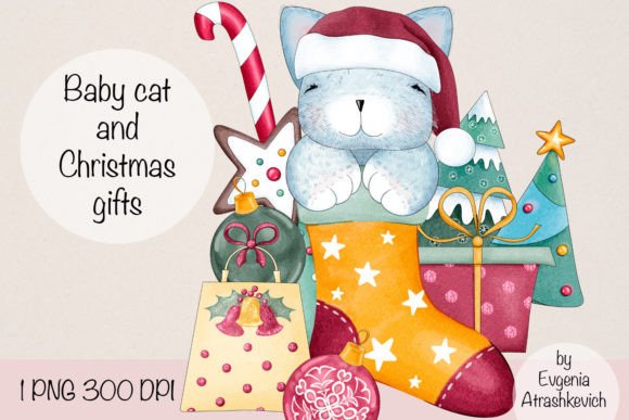 Baby Cat Christmas Gifts Sublimation PNG for Illustrations