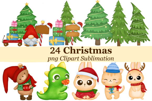 Bundle Christmas Tree Gnome Dino Clipart for Modern Illustrations