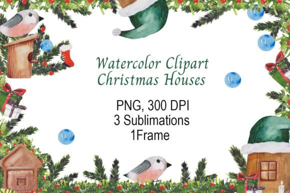 Christmas Houses Watercolor Clipart for Seasonal Illustrations