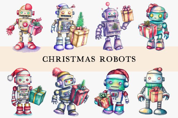 Christmas Robots Watercolor Cliparts for Modern Illustrations