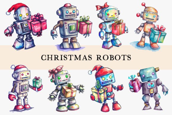 Christmas Robots Watercolor Elements for Modern Illustrations