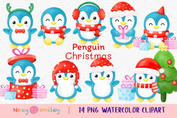 Penguin Christmas Watercolor Clipart for Modern Illustrations