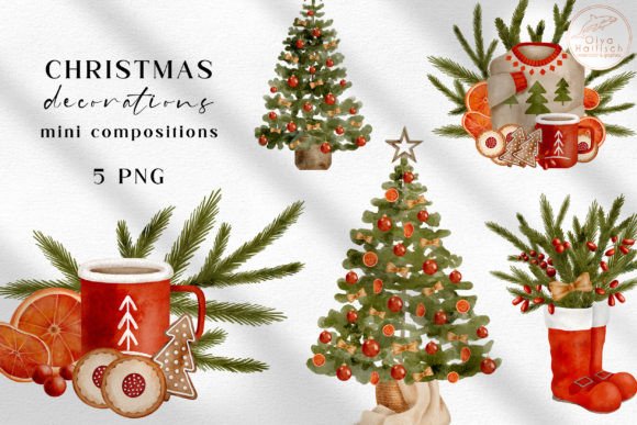 Watercolor Christmas Decor Clipart PNG for Illustrations