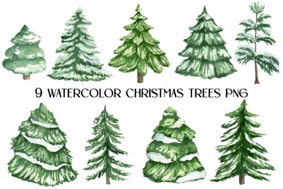 Watercolor Green Winter Christmas Trees for Illustrations